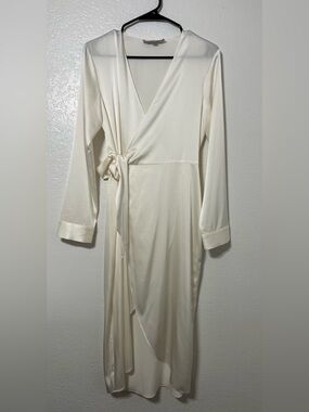 Fleur du Mal Ivory Silk Blend Wrap Midi Dress Size M Long Sleeve Bridal Cocktail
